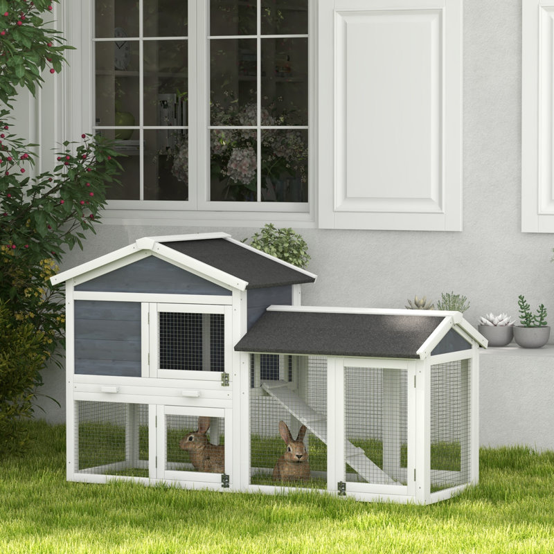 Spacieuse cage extérieure en bois pour lapin - conception grise durable avec surface de roulement, plateau facile à nettoyer et toit résistant aux intempéries