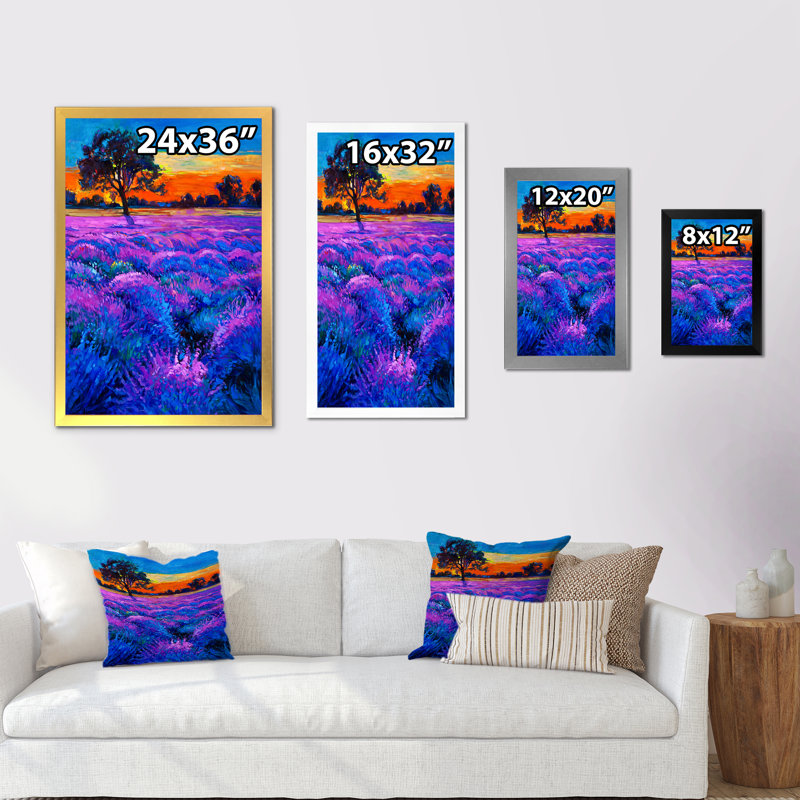 Champ de lavande mauve - œuvre d'art traditionnelle sur toile, Cadre photo noir, H 20 po x l 12 po x P 1 po