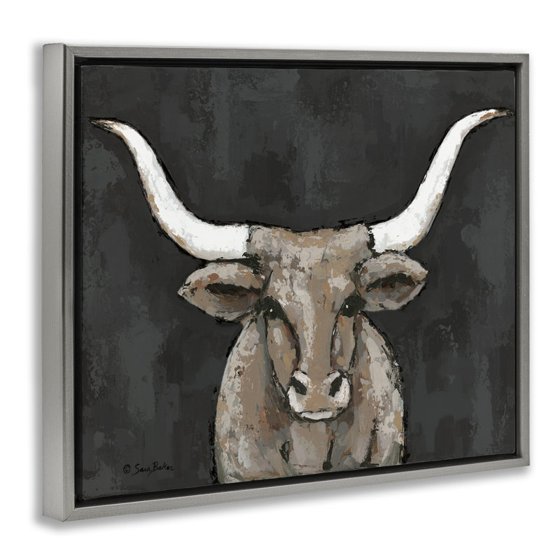 Longhorn sur cadre flottant gris sombre, design par Sara Baker, H 17 po x l 21 po, Cadre flottant gris lustré