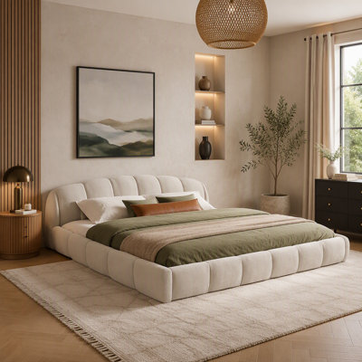 Très grande base de lit tapissier très grande taille en chenille, tête de lit épaisse courbée et pied de lit enveloppé, lit sur pied à profil bas, beige