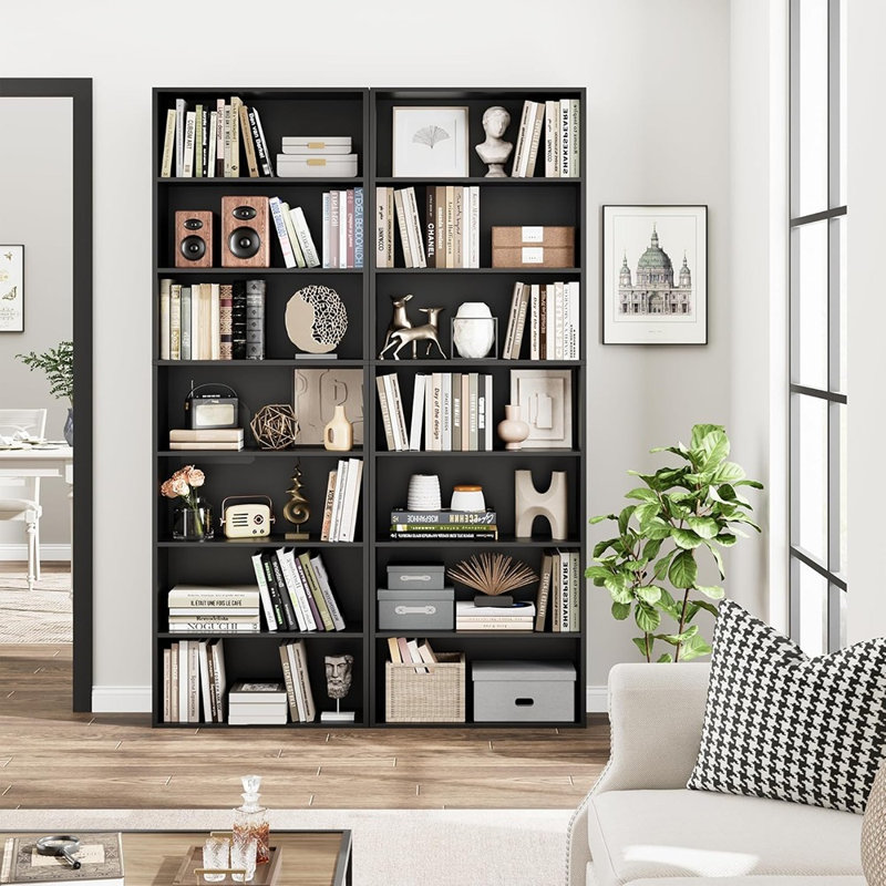 Bibliothèque noire à 7 niveaux à tablettes ouvertes, bibliothèque autoportante pour la maison, le bureau, le salon ou la chambre à coucher