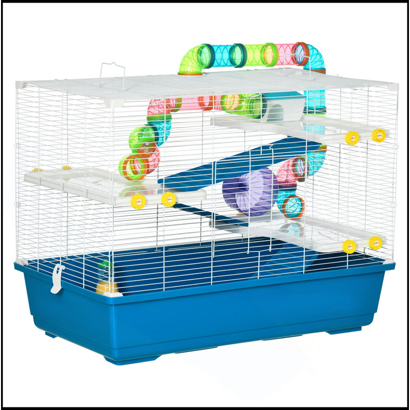 Très grande cage à hamster 31 "avec tubes et tunnels, cage à 4 niveaux pour petits animaux avec poignées de transport portables, cage à gerbes avec bouteille d'eau, plat à nourriture, roue d'exercice
