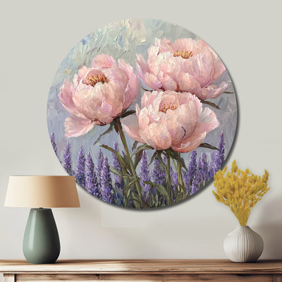 Pivoines dans le jardin de lavande I - impression d'art en métal rose traditionnel, pivoines rondes, art mural en métal