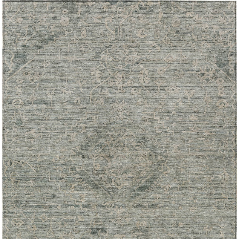 3' X 5' Sage And Beige Floral Washable Indoor Outdoor Area Rug
