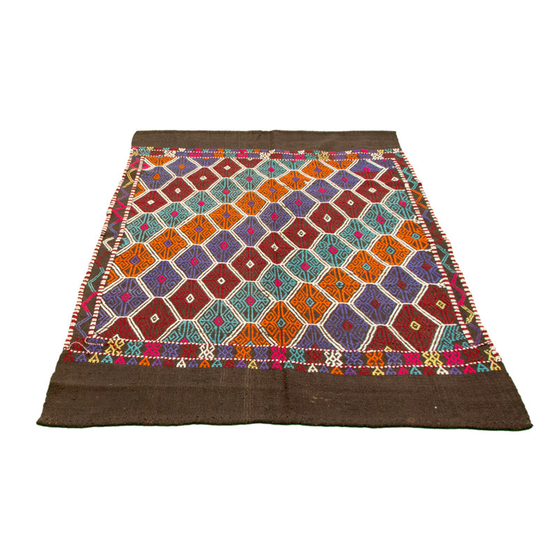 Tapis décoratif en laine de conception unique noué à la main New Age 4 pi 9 po x 6 pi en noir/orange/bleu/brun