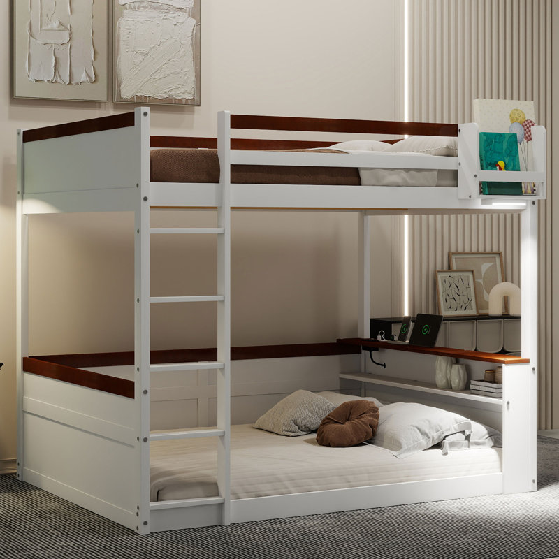 Grand lit superposé en bois avec tablettes intégrées, boîte de rangement, lumière DEL et station de charge USB, blanc