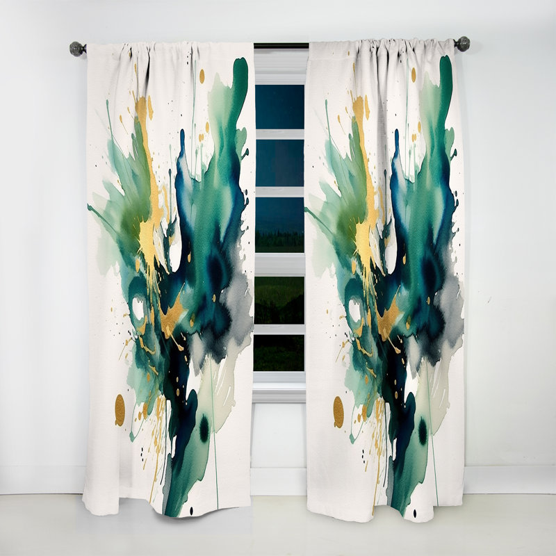 Adahy Dark Blue, Turquoise and Gold Strokes I - Modern Velvet Curtain - Room Darkening - 1 panel, 52" W x 120" L