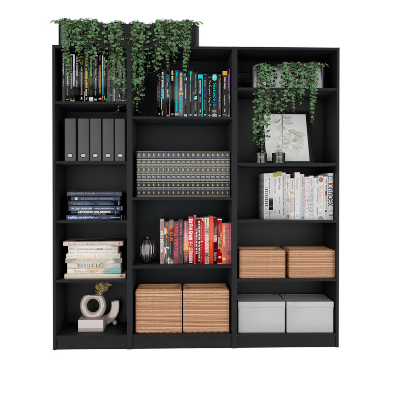 Dupree 3 Piece Home Bookcase Set, 67" Wide With 14 Shelves ,  Living Room Set Set  Black, Black