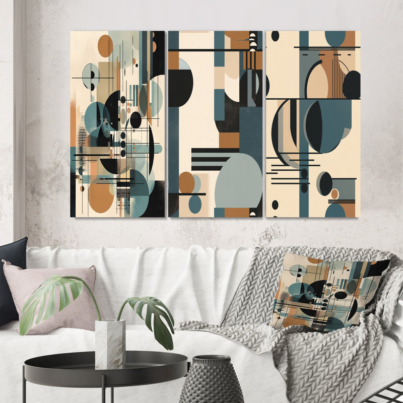 «Blue and Black Geometric Shadows», 3 pièces sur toile, Toile tendue, H 40 po x l 60 po