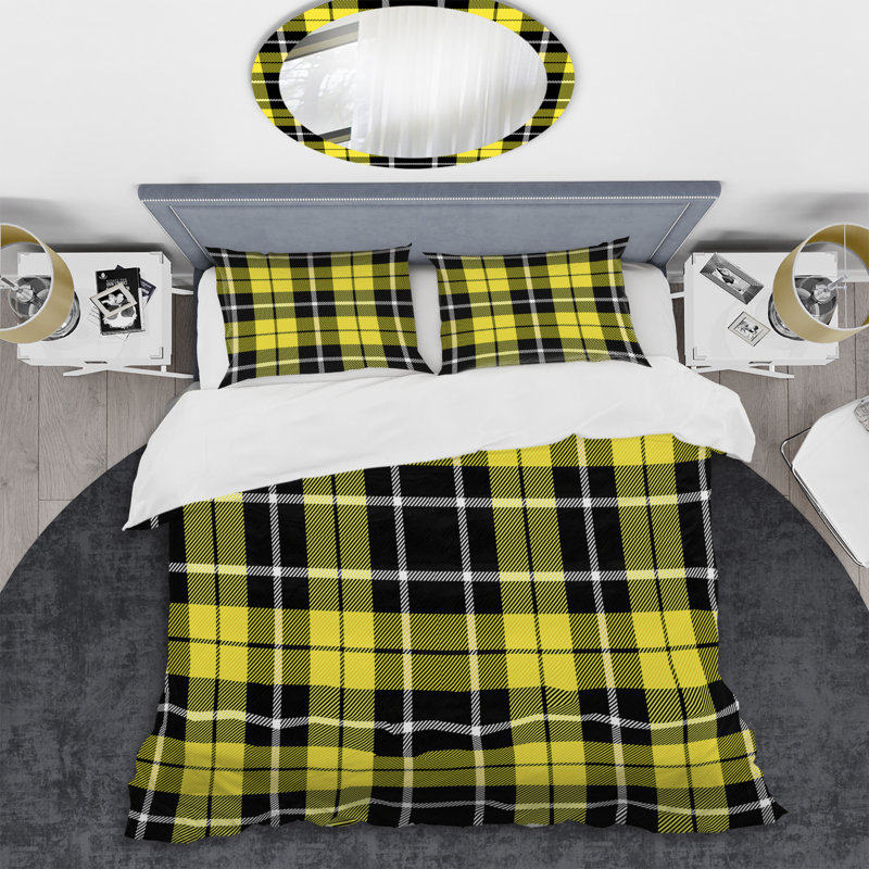 Yellow and Black Checked Tartan Polyester Plaid Duvet Cover Set