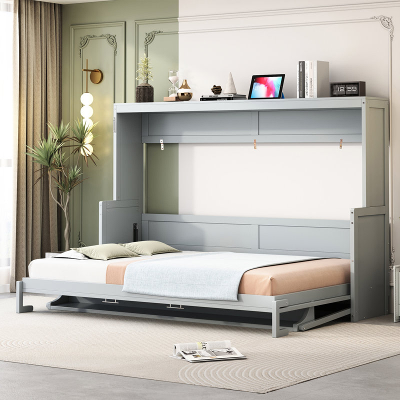 Grand lit gris avec levage hydraulique et fonction de bureau, peu encombrant pour les petits appartements, structure d'une capacité de 600 lb, rangement de matelas intégré, espaces de vie avec système de pliage Good Night de 10 pouces, structure