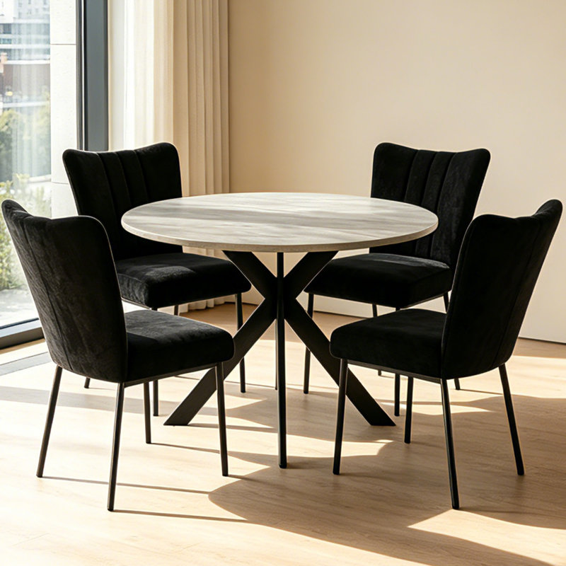 Bourke Round Modern Kitchen Dining Table Set with Dining Chairs, Black, 5 Pieces: Table, 4 Chairs