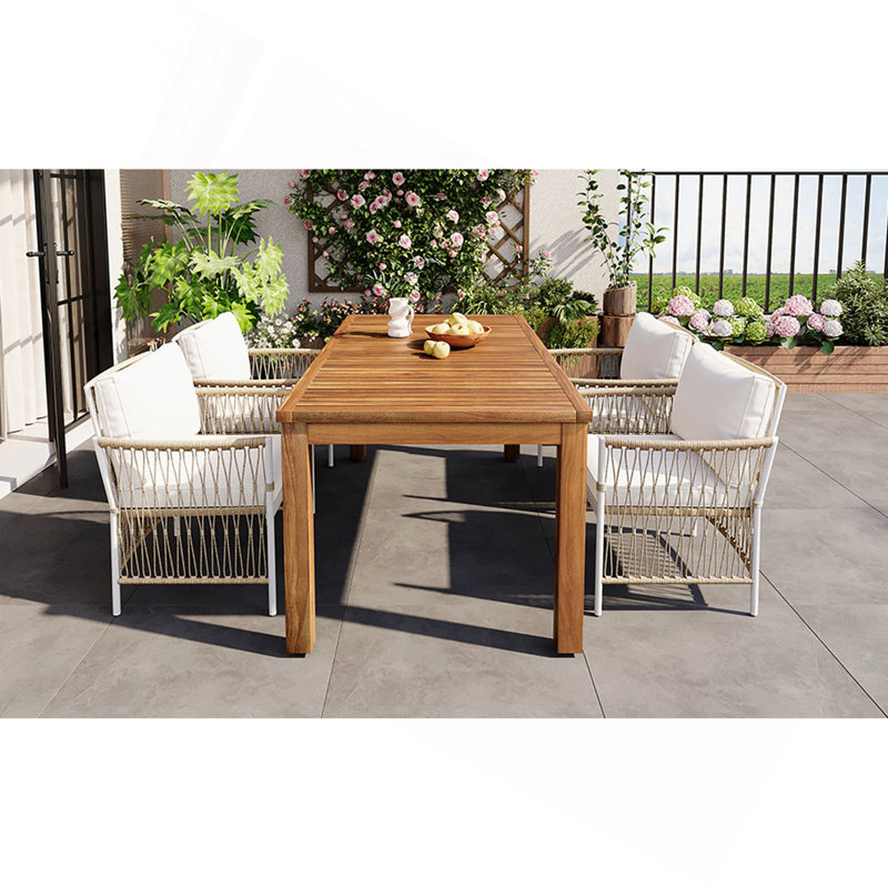 Ensemble de salle à manger d'extérieur 5 pièces en bois, table rectangulaire de 170 cm de long avec 4 chaises en rotin pour piscine, jardin, terrasse, style naturel