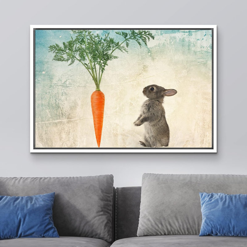 Lapin avec carotte sur fond bleu animaux sauvages, H 24 po x l 36 po, Cadre blanc