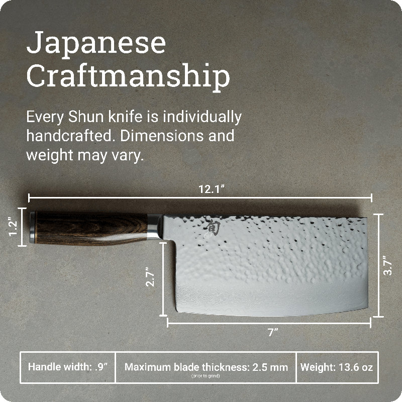 Shun Premier 7" Cleaver, Handcrafted Japanese Vegetable Knife, VG-MAX Core with Damascus Stainless Steel Cladding, Pakkawood Handle, Chinese Cleaver for Processing Large Vegetables