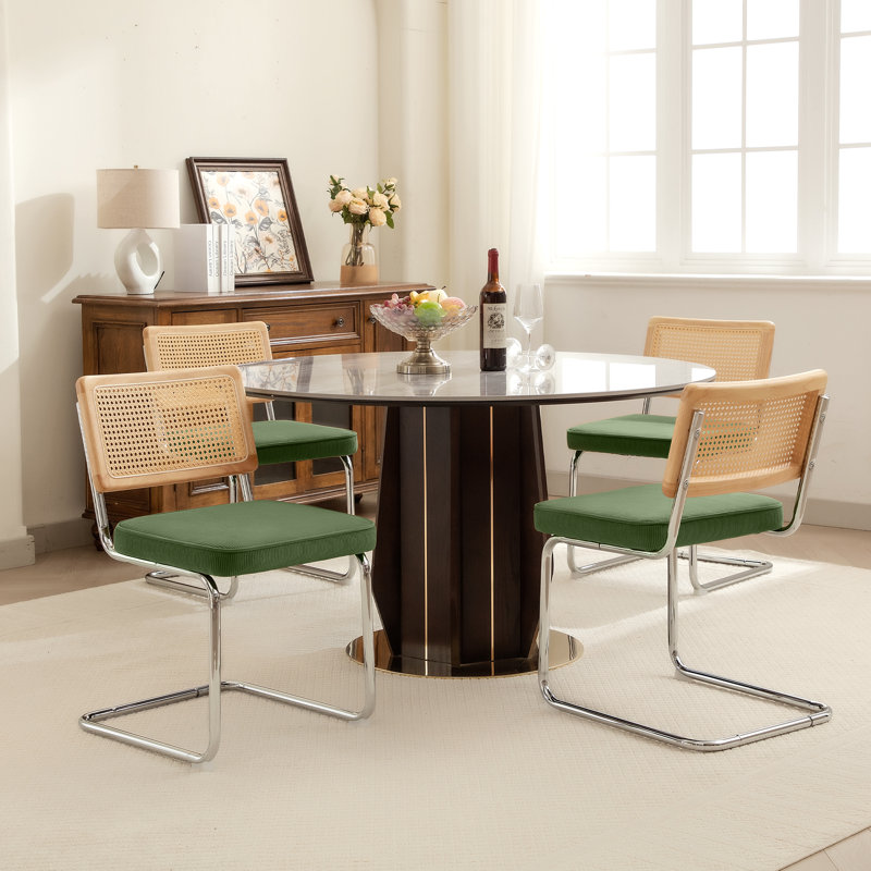Side Chair Dining Chairs With Cane Rattan Back, Corduroy Fabric Matcha Green, 4
