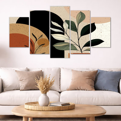 Noir et vert, plante géométrique minimaliste bohémienne - art mural sur toile botanique, art mural sur toile botanique 5 pièces