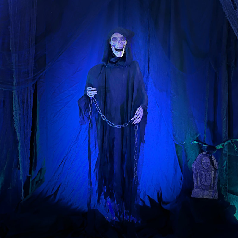 Beyond the Graveyard Haunted Hill Farm 68 In. Life-Size Scary Grim Reaper with Chain, Halloween Animatronic, Lights and Sounds