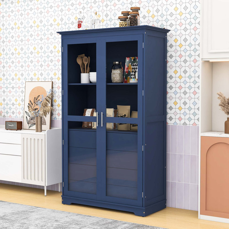 Armoire de cuisine autoportante avec portes en verre, 4 tiroirs et tablettes, Bleu