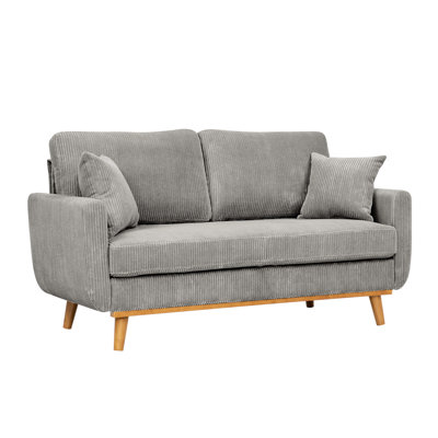 Velours côtelé gris Mid-Century de style Mid-Century avec base en bois massif et deux coussins décoratifs pour petits coins confortables