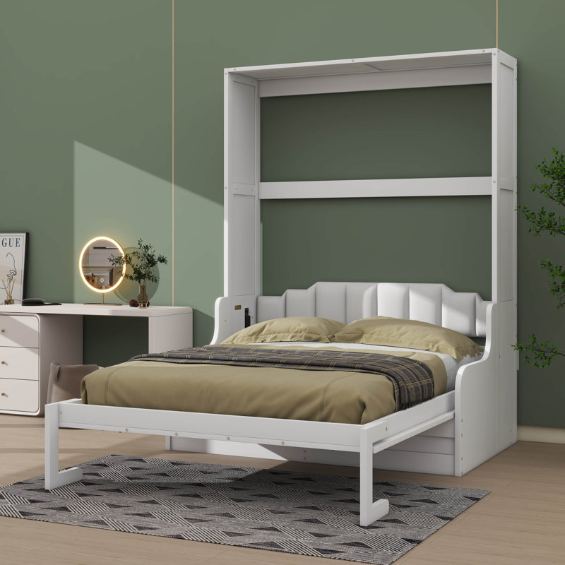 Queen Size Wall-Mounted Murphy Bed With Cushion, Wooden Foldable Bed Frame Transforming Into Sofa, Blanc