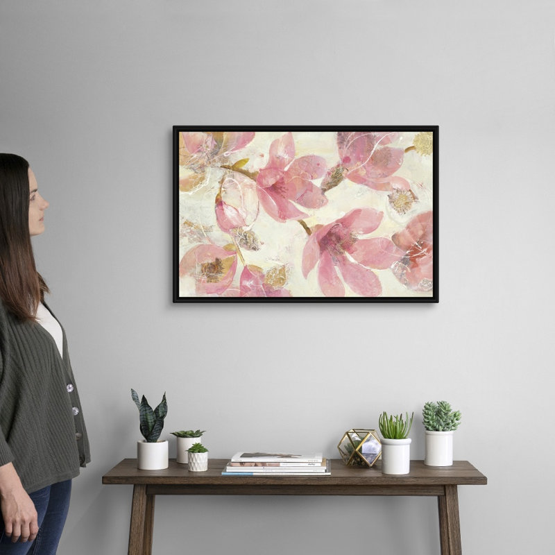 Magnolias en fleurs sur toile blanche, Cadre noir, H 30 po x l 20 po x P 1,25 po