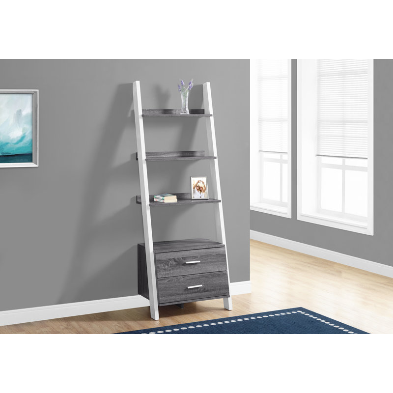 Bibliothèque, bibliothèque, étagère, échelle, 4 niveaux, H 69 po, bureau, chambre à coucher, stratifié gris et blanc, contemporain, moderne