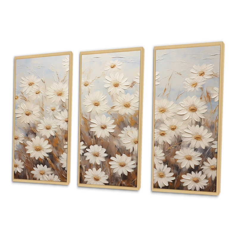 White Daisy Fields Elegance VII - Daisies Wall Decor Set, 40" H x 60" W x 1" D, Natural Floater Framed
