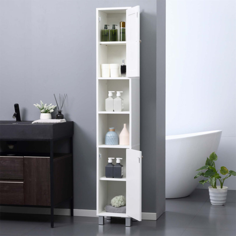 Grande armoire de rangement pour salle de bain avec miroir et tablettes réglables, tour en bois autoportante pour la vie organisée