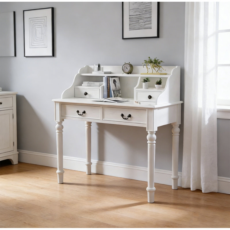 Bureau en bois d'hévéa de style américain avec bibliothèque de bureau, H 44,1 po x l 39,4 po x P 19,7 po, Blanc
