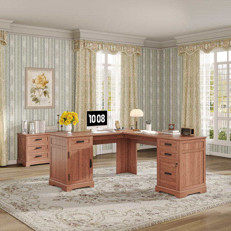 67'' Farmhouse L Shaped Desk with Drawers, Home office Corner Computer Desk with File Storage and Charging Station