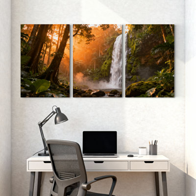 Scénario et paysages urbains ensoleillés, forêt, cascade, verdure tropicale, reflet, scène naturelle, ensemble de 3 impressions sur toile