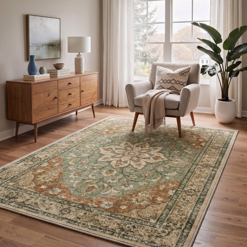 Paillasson oriental traditionnel vert/brun à poils courts, lavable et antidérapant, Rectangle 2' x 3'
