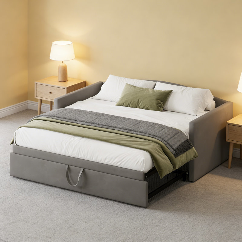 Space-Saving Twin Size Upholstered Daybed with Extended Pop-Up Trundle, Twin-to-King Convertible Sofa Bed for Guest Room