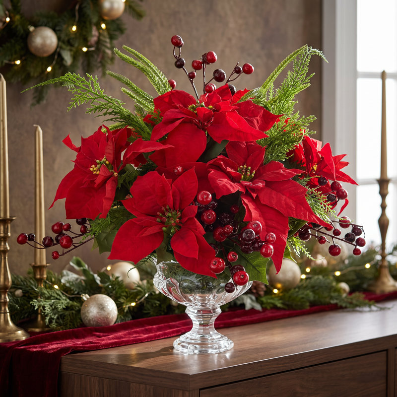 Arrangement floral des Fêtes avec poinsettias et baies