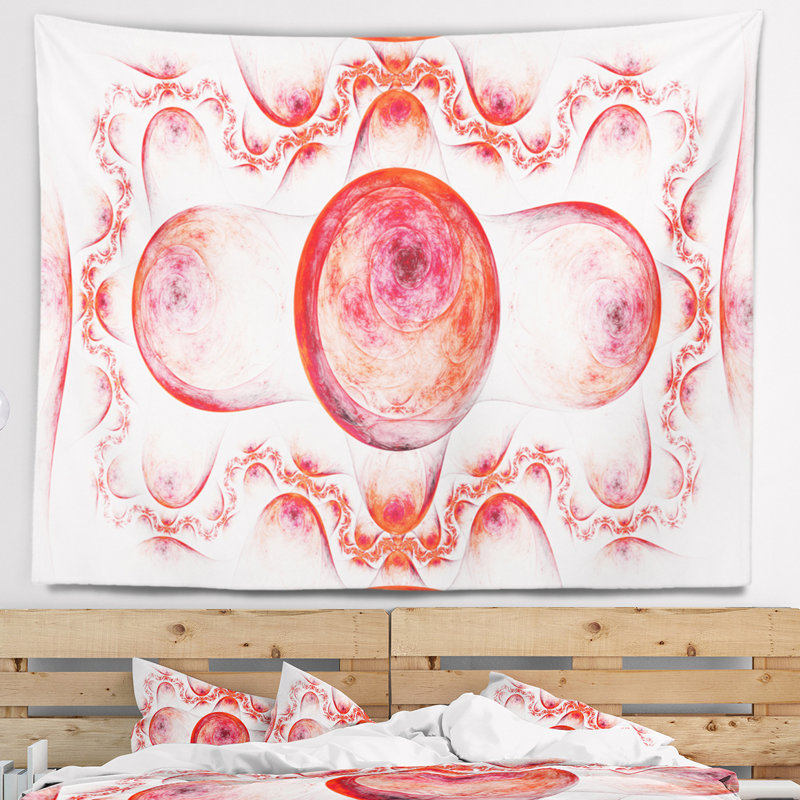Motif exotique abstrait rouge sur tapisserie blanche, H 32 po x l 39 po