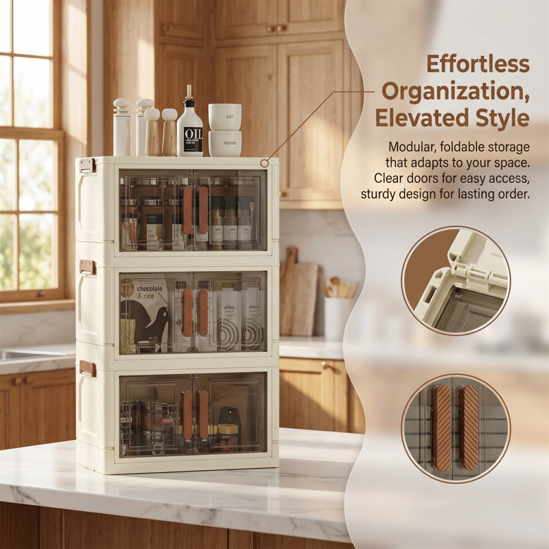 4-tier Storage Cabinets, Foldable and Stackable, Plastic, Beige + Gray, Beige/Gray