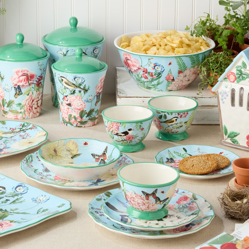 Flora Green Ceramic Canister Set with Butterfly Design, 3-Piece