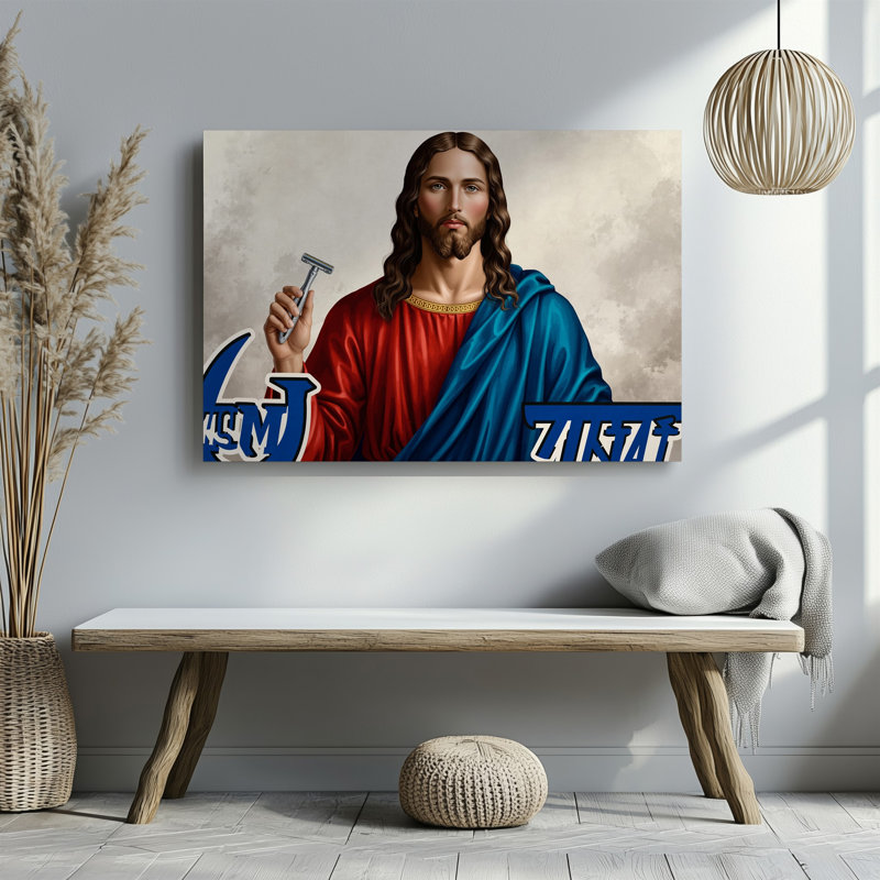 Toile, création d'une œuvre d'art satirique représentant une figure rappelant une art mural classique, H 20 po x l 30 po