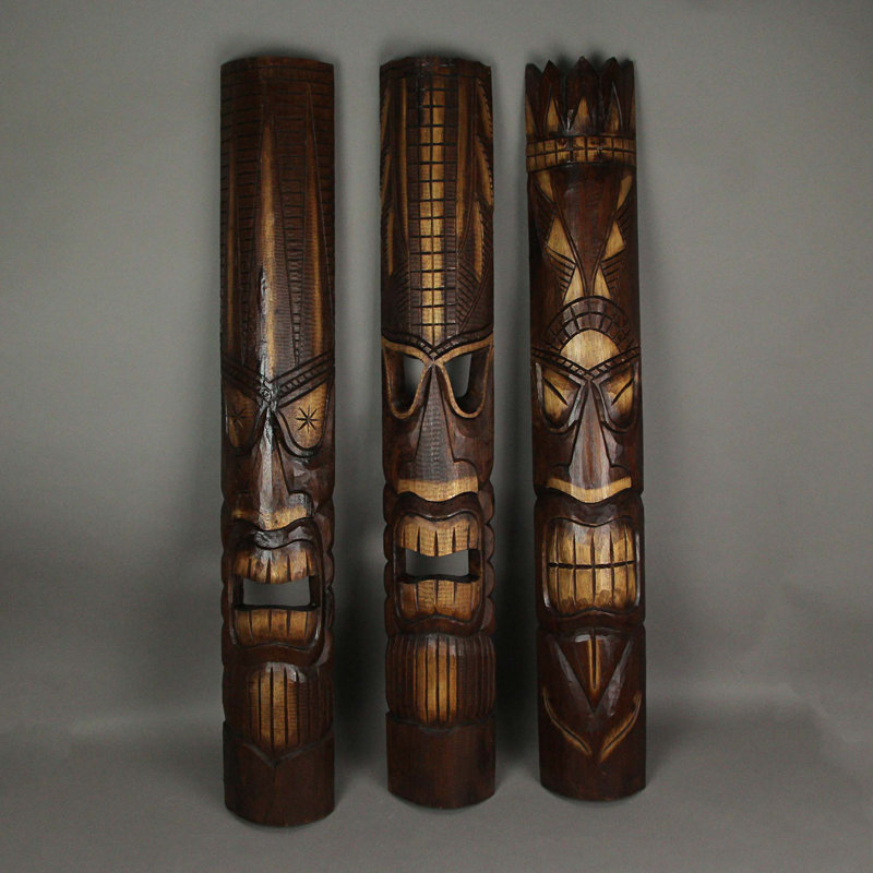 Ensemble de 3 masques de dieu tiki en bois sculpté