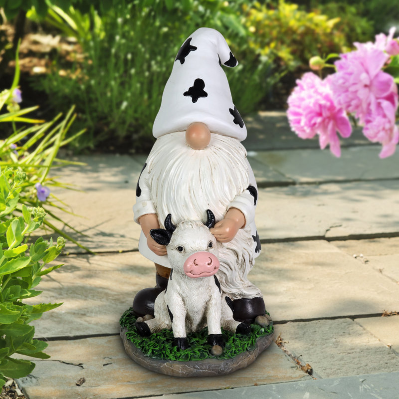 Statue de gnome solaire avec chapeau de vache et veau Exhart, 6,5 par 10 pouces