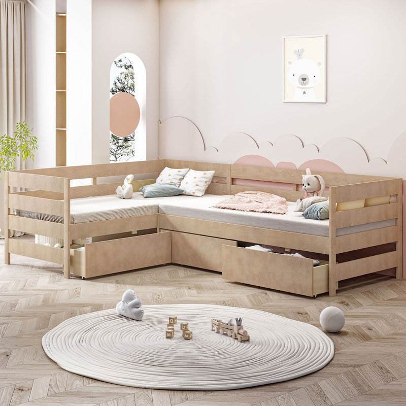 Lit plateforme en L avec trois tiroirs de rangement