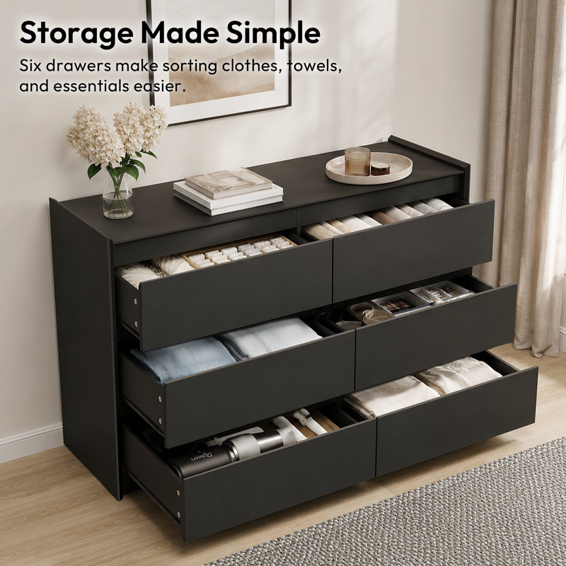  Modern Minimalist 6-Drawer Double Dresser with Handle-Free Design, 47", Black