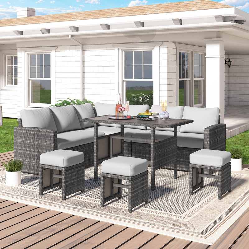 Hinesville 7 Piece Rattan Lounge Dining with Cushions, Grey Frame/Light Grey Cushion