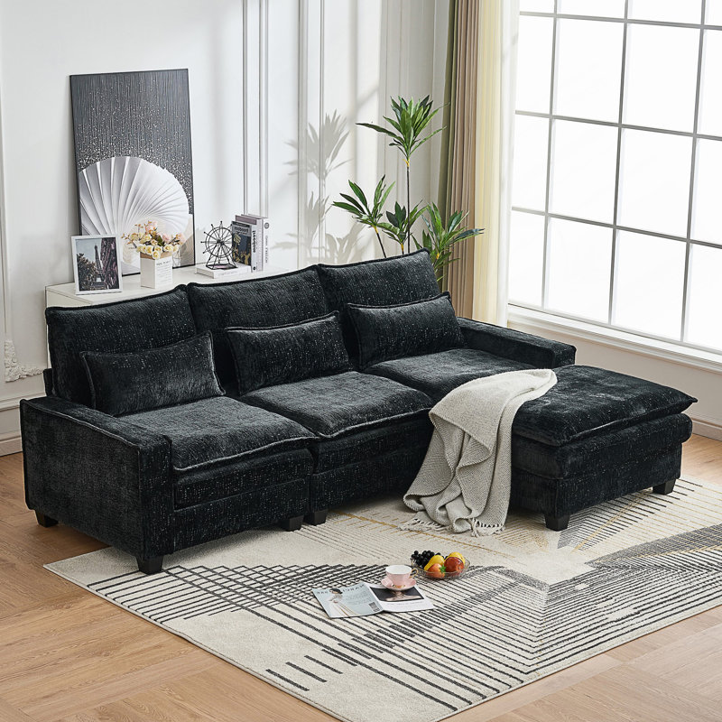 Kamanda 99'' Chenille Sectional Sofa with Movable Ottoman & Back Cushions, Black