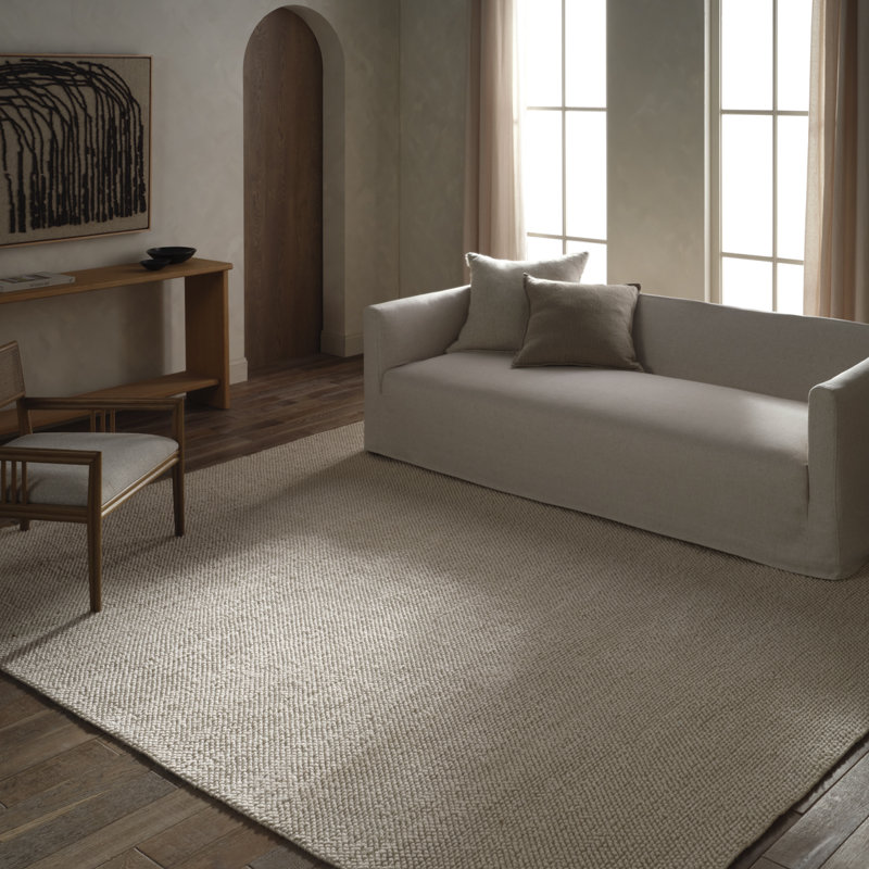 Tapis blanc uni tissé à la main Lindquist fabriqué à partir de matériaux durables, Rectangle 9 pi 6 po x 13 pi 6 po