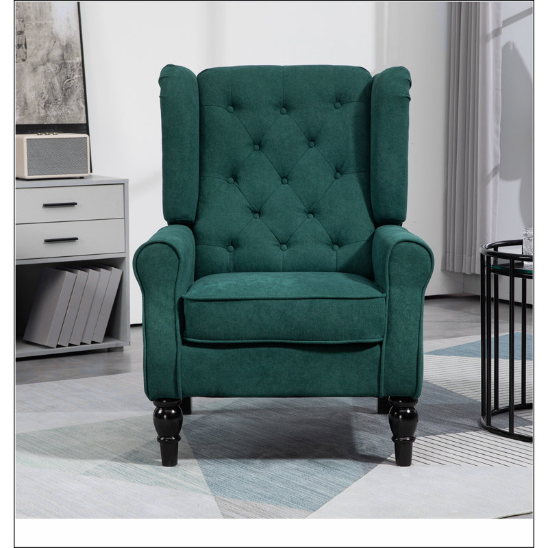 Fauteuil d'appoint capitonné à boutons avec haut dossier à oreilles, accoudoirs rembourrés arrondis et siège rembourré épais, vert foncé
