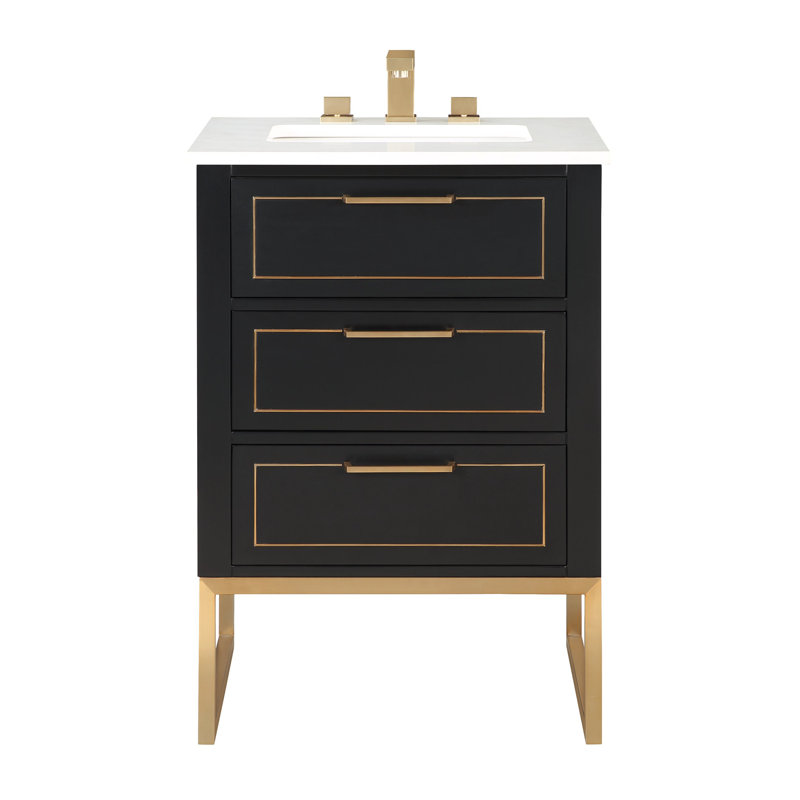 Markham 24'' W Single Vanity, Midnight Black, Carrara Marble, Satin Brass