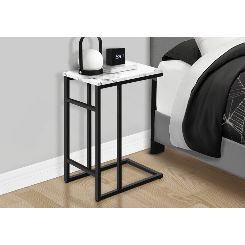 Table moderne, en forme de C, bout, côté, collation, salon, chambre à coucher, stratifié aspect marbre blanc, noir, contemporain, moderne