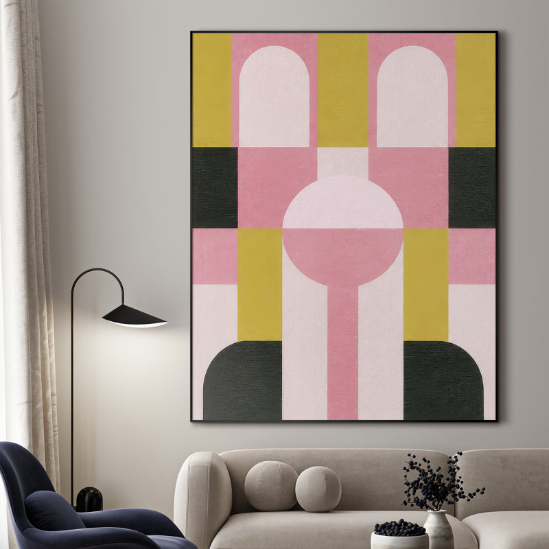 Très grand art mural imprimé sur tissu - Arches géométriques modernes dans des tons roses et moutarde pour le salon ou la chambre à coucher - «Assemblage requis du cadre (cadre non fini)»